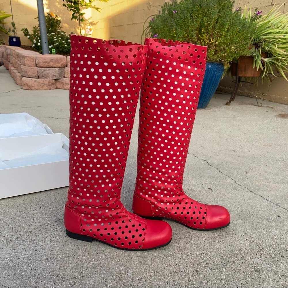 Comme see Garçons red perforated leather knee boots like new with box
